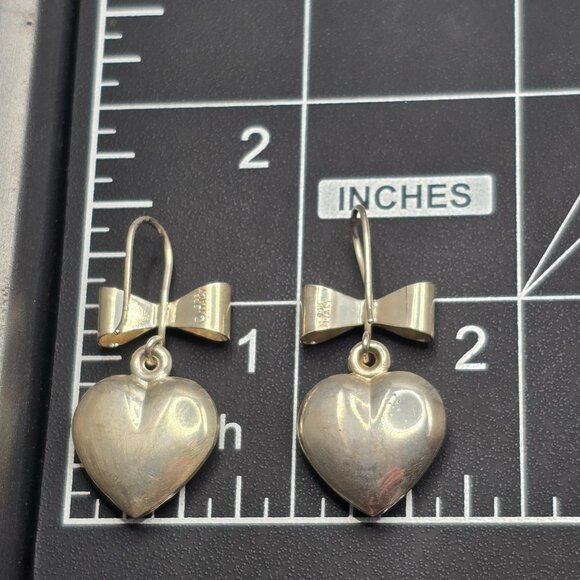 Sterling Silver 925 Heart & Bow Drop Earrings 1.25" Signed SU Italy 6.08g - Picture 4 of 6